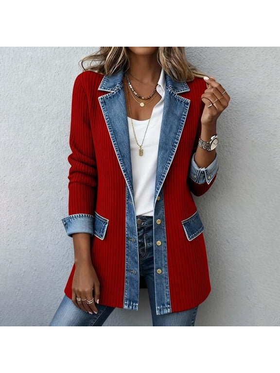 Denim Patchwork Corduroy Cardigan for Women Collared Knit Sweater Blazer Soft Ribbed Knit Long Sleeve Button Down Denim Trim Jackets Red XL