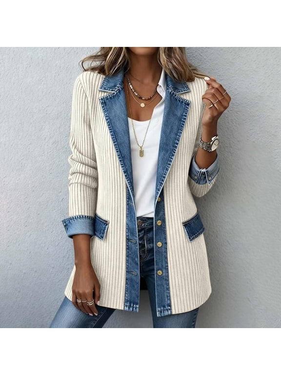 Denim Patchwork Corduroy Cardigan for Women Collared Knit Sweater Blazer Soft Ribbed Knit Long Sleeve Button Down Denim Trim Jackets White L