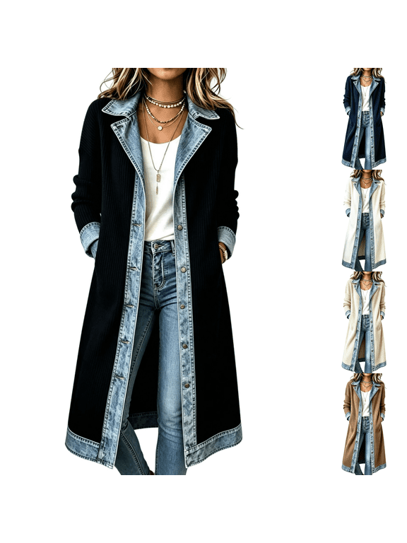 Denim Patchwork Corduroy Collared Shirt Jacket for Women Ribbed Knit Button Down Jacket Lapel Collar Long Sleeve Denim Spliced Jean Shacket Office 2026 Winter Fall Soft Loose Fit Outerwear,Black M