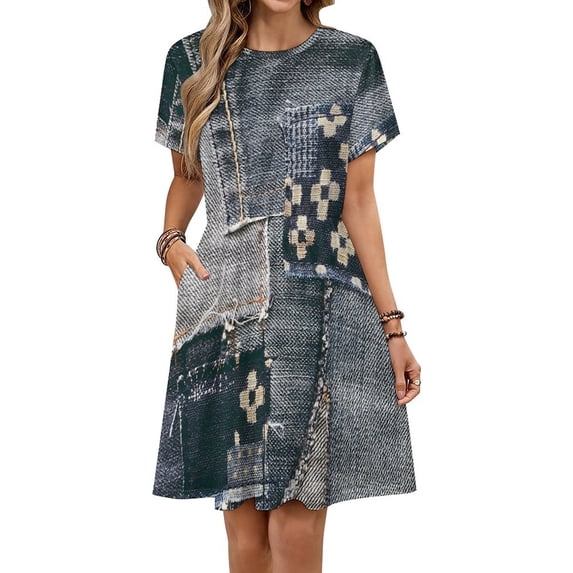 Denim Patchwork Dress Summer Street Style Dresses Female Short Sleeve Printed Sundress