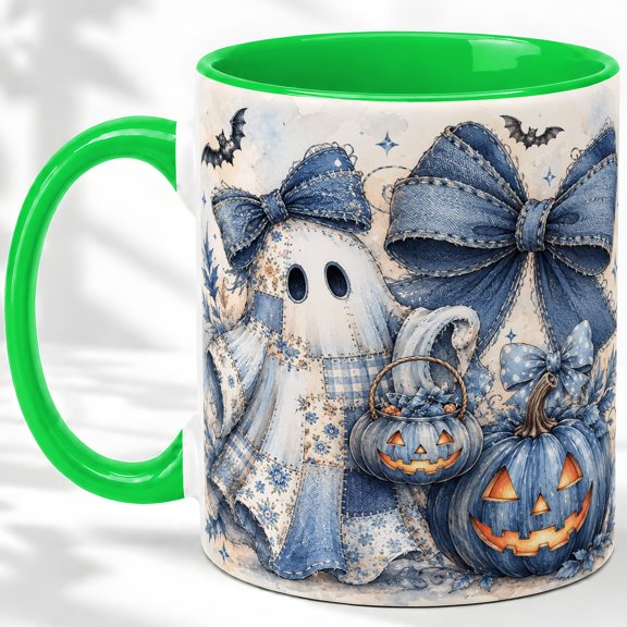 Denim Patchwork Ghost Accent Mug, 11oz Ceramic Coffee Cup for Halloween