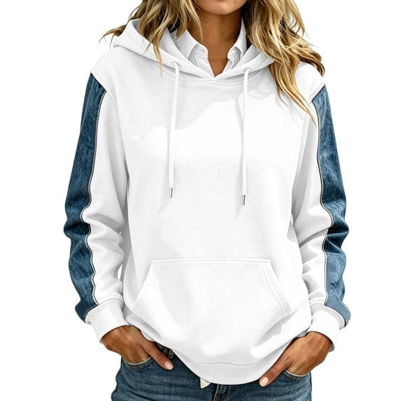 Denim Patchwork Hoodies for Women Loose Hooded Drawstring Pullover Sweatshirt Fall Long Sleeve Casual Tops with Pockets