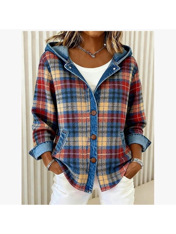 Denim Patchwork Jacket for Women, Plaid Button Front Long Sleeve Cardigan with Pockets, Fall Cute Outwear, Hiking Travel Daily Wear | VerBelle,Blue S