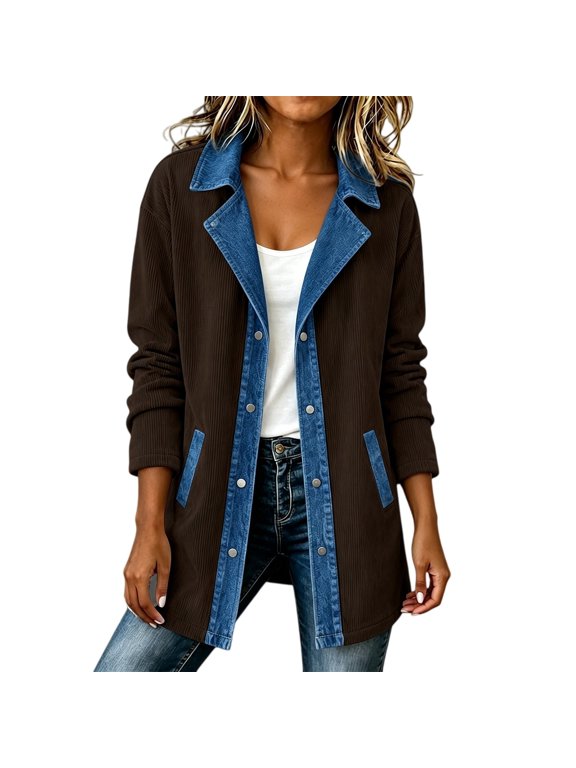 Denim Patchwork Jackets for Women Corduroy Shacket Long Sleeve Button Down Knit Blazer Denim Soft Lightweight Warm Trimmed Sweater Trendy Jacket Fall Daily Travel Outfits, Coffee XL