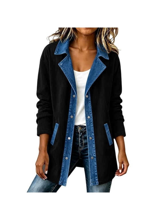Denim Patchwork Jackets for Women Corduroy Shacket Long Sleeve Button Down Knit Blazer Denim Soft Lightweight Warm Trimmed Sweater Trendy Jacket Fall Daily Travel Outfits, Black XL