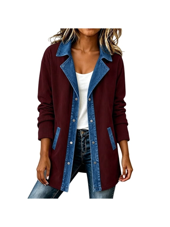Denim Patchwork Jackets for Women Corduroy Shacket Long Sleeve Button Down Knit Blazer Denim Soft Lightweight Warm Trimmed Sweater Trendy Jacket Fall Daily Travel Outfits, Wine M