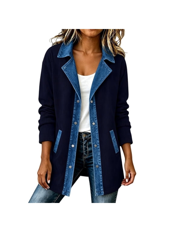 Denim Patchwork Jackets for Women Corduroy Shacket Long Sleeve Button Down Knit Blazer Denim Soft Lightweight Warm Trimmed Sweater Trendy Jacket Fall Daily Travel Outfits, Navy 2XL