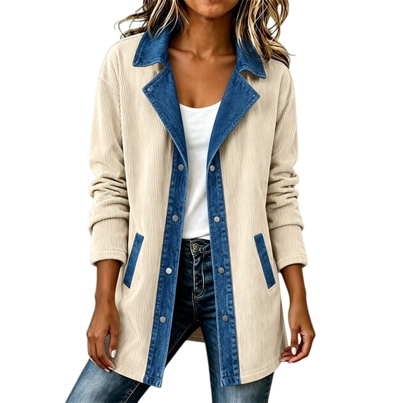 Denim Patchwork Jackets for Women Corduroy Shacket Shirts Long Sleeve Button Down Knit Blazer Denim Trimmed Sweater Jacket Casual Collared Workout Fall Fashion Outfits