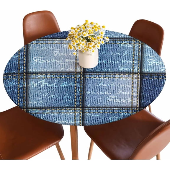 Denim Patchwork Pattern Round Blue Toned Shapes Square Waterproof Wipeable Table Cloth Cover for Dining Room Fitted Table 40-44 inch