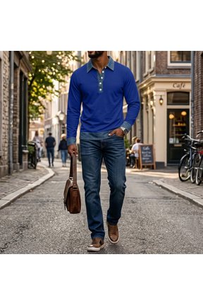 Denim Patchwork Polo Shirts for Men Long Sleeve Button Placket Retro Pullover Soft Breathable Regular Relaxed Fit Tops Blue XXXL