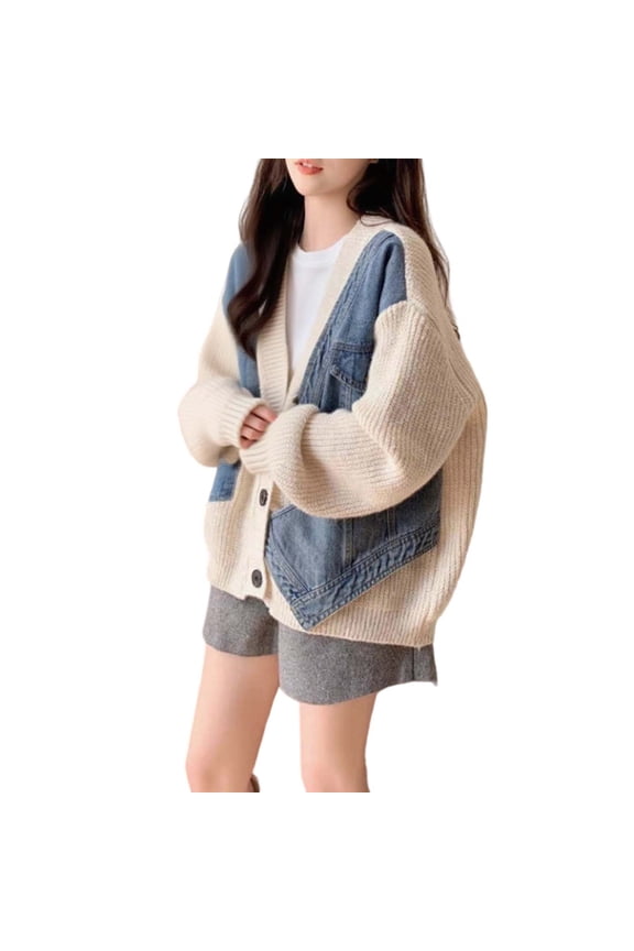 Denim Patchwork Sweater Cardigan For Women Long Sleeve V Neck Button Down Knitted Jacket With Pocket