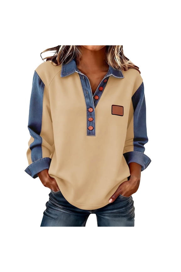 Denim Patchwork Sweatshirts for Women Long Sleeve Lapel Collared Half Button Up Shirts Color Block Pullover Tops