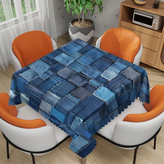 Denim Patchwork Tablecloth 54x54 Inch Square Vintage Romance Indigo Tablecloths Polyester Table Cloth for Holiday Parties Kitchen Dining Indoor Outdoor