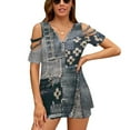 thumbnail image 1 of Denim Patchwork Womens Summer V Neck Zipper Top Short Sleeve T Shirt Off Shoulder Top Casual Classy Loose Shirts, 1 of 7