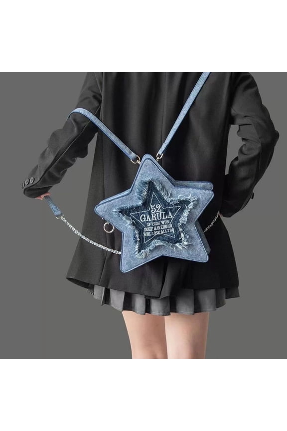 Denim Pentagram Embroidered Letter Fringe Y2K Backpack Crossbody Bag handBag with Tassel, European & American Retro Style, Multiple Internal Compartments for Daily Use, Crossbody Bag for girl