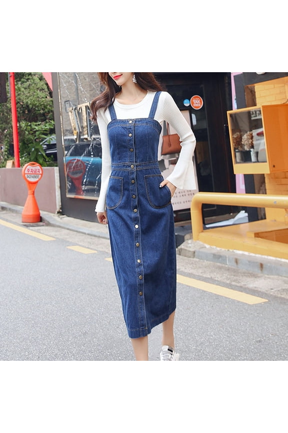 Denim Pinafore Dress for Women Button Strap Overalls Stretchy Jumper Suspender Dress A-Line Mid Long Pinafore Bibs