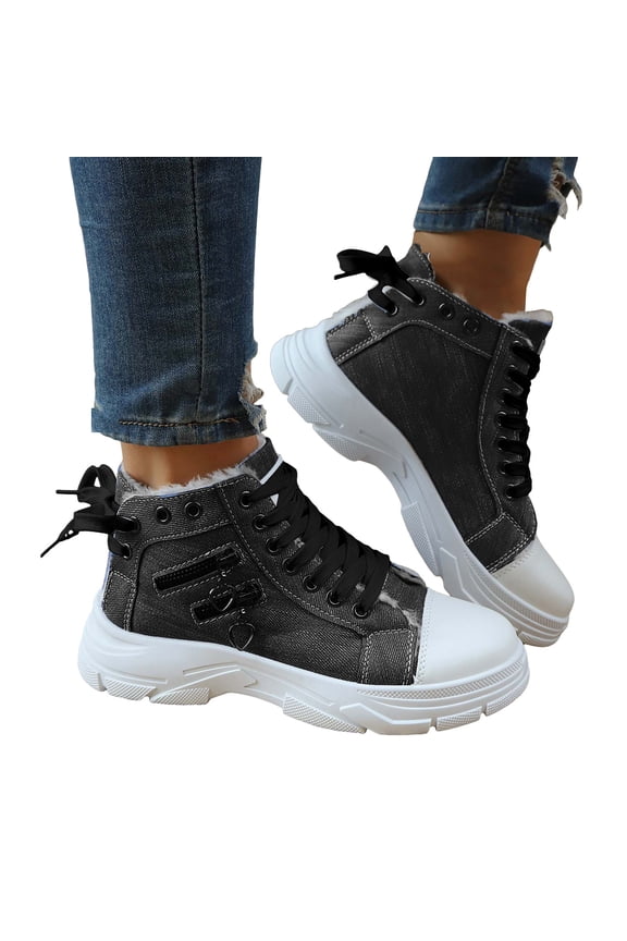 Denim Platform Mid Calf Winter Combat Boots for Women Casual Fleece Lined Fashion Sneakers Snow Ankle Booties Black Size 6