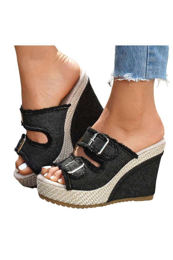 Denim Platform Sandals for Women Open Toe Double Buckle Band Wedges Heels Nonslip Slip on Slides HIgh Heeled Beach Shoes Black Size 9