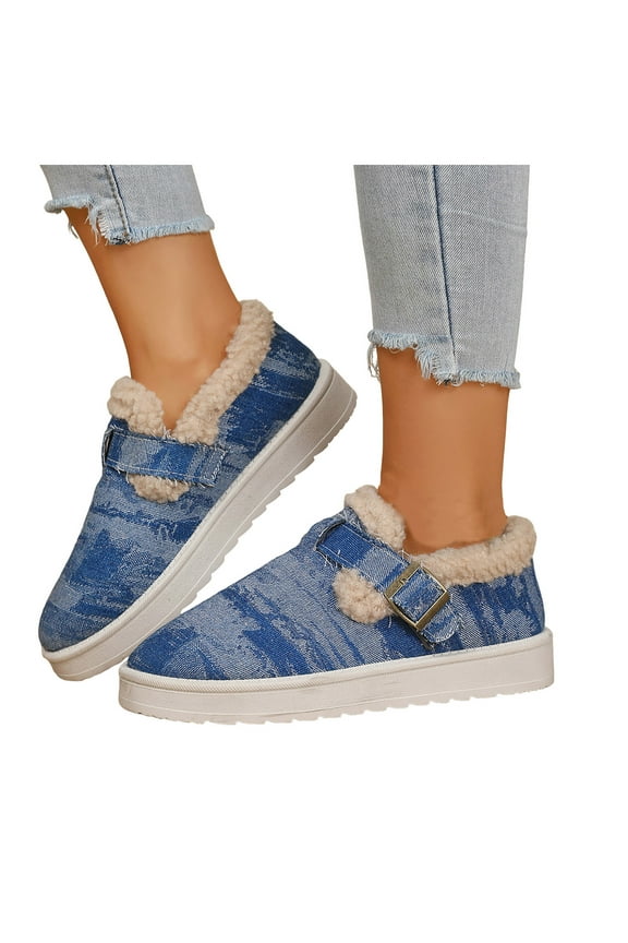 Denim Platform Snow Boots for Women Fashion Warm Fleece Lined Winter Fashion Sneakers Canvas Walking Shoes Slip on Loafers Ankle Booties Blue