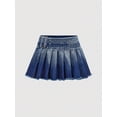 thumbnail image 1 of Denim Pleated A-Line Mini Skirt With Belted Waist Blue, 1 of 8