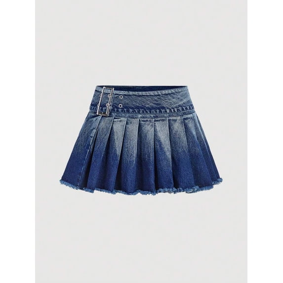 Denim Pleated A-Line Mini Skirt With Belted Waist Blue