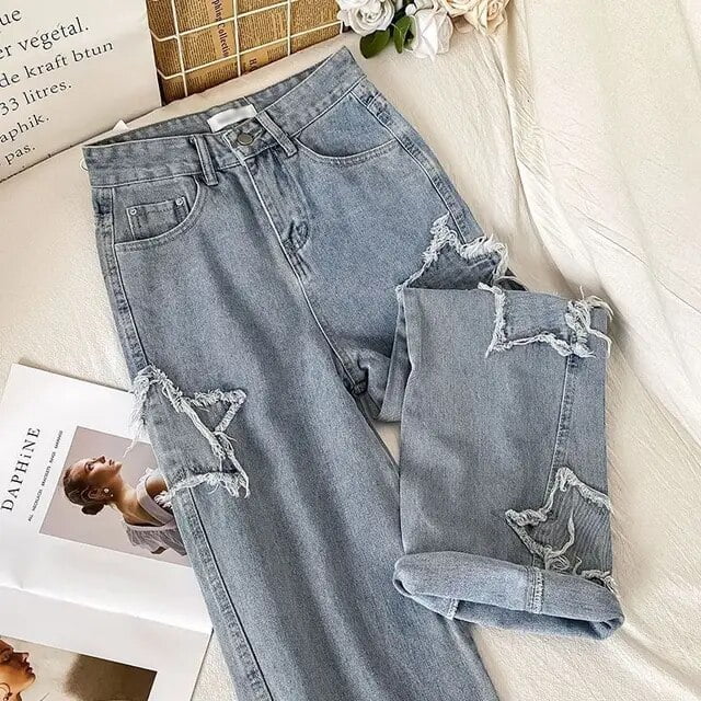 Denim Popular Ins Fashion Korean WIth Star 2023 Spring Autumn New High Waist Straight Leg Loose Fitting Jeans Walmart