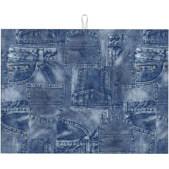 Denim Print Dish Drying Mat Patchwork Style Romance Indigo Miscellaneous Drying Rack Pad Countertop Dishes Ultra Absorbent Microfiber Kitchen Counter Mat 18x24 Inch