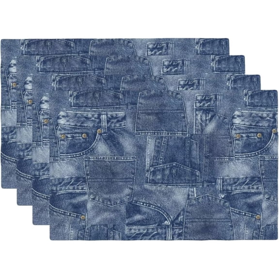 Denim Print Patchwork Style Placemats Set of 4 Romance Indigo Miscellaneous Linen Place Mats Washable Table Mats 12x18 Inch for Kitchen Dining Decoration