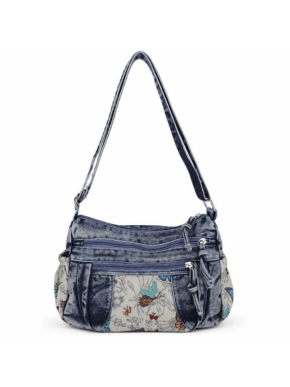Denim Purse Crossbody Bags, Boho Hobo Crossbody Bags for Women, Casual Hippie Travel Purse with Lots of Pockets