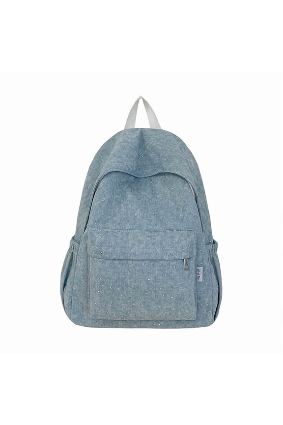 Denim Rhinestone Backpack 15.75" Y2K Harajuku Style Large Capacity Multi-pocket for Travel (Light Blue)