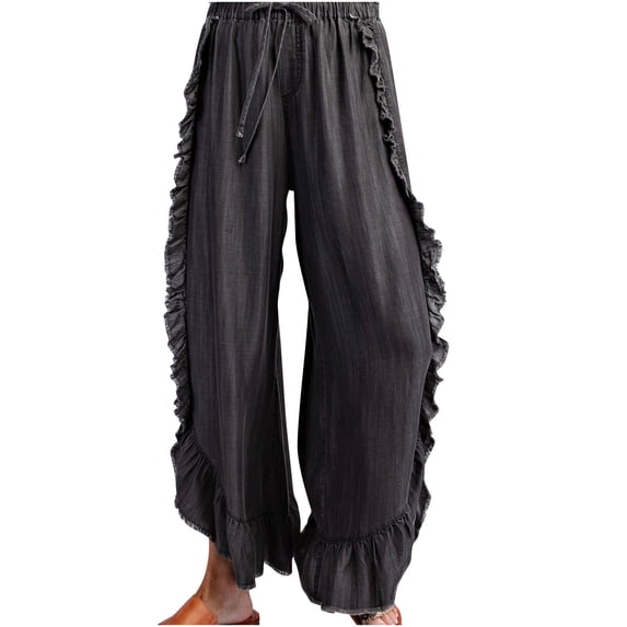 Denim Ruffled Flared Pants For Ladies Fashionable Hem Detail Casual Jeans