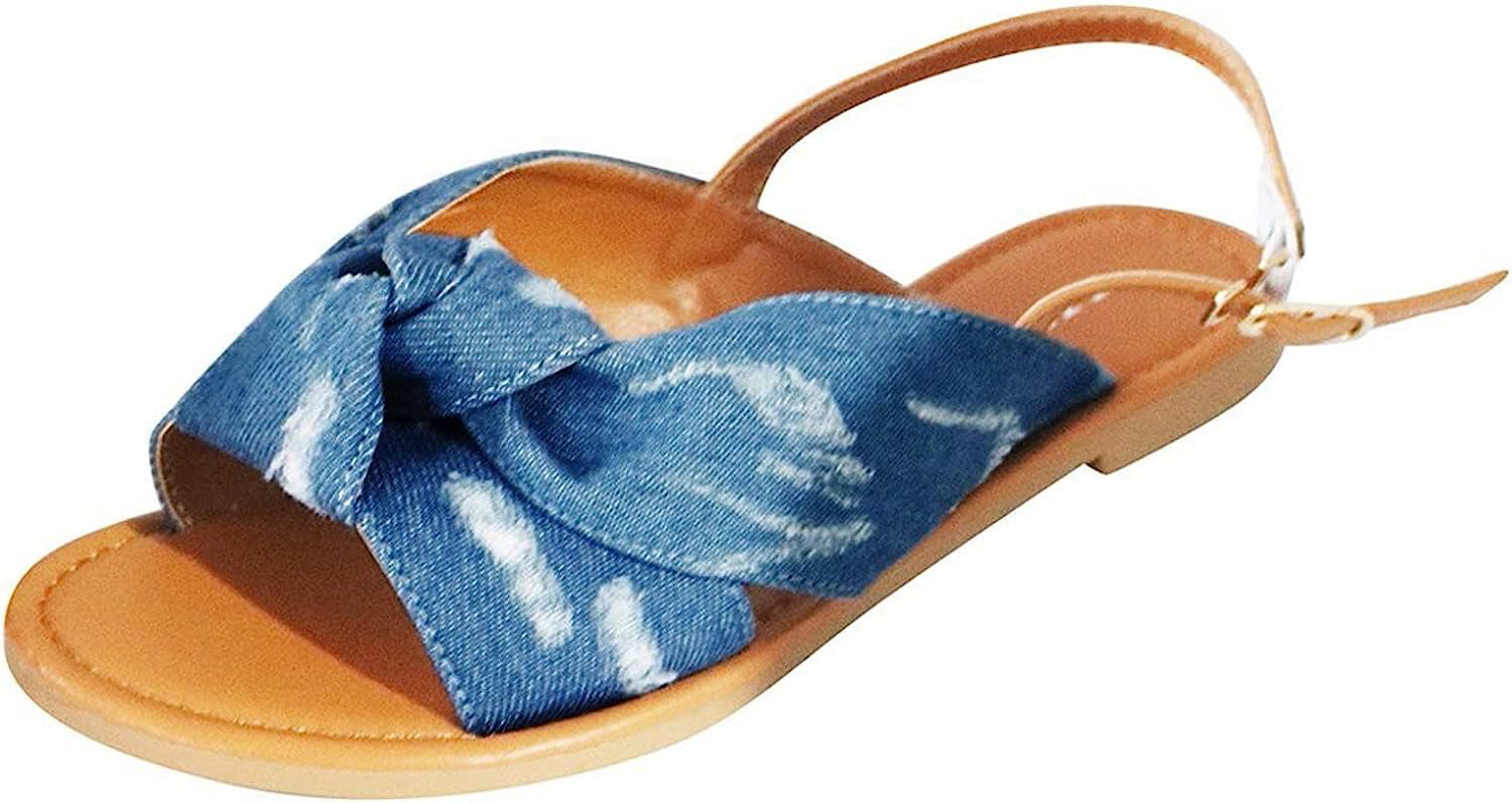 Denim Sandals Beach Breathable Open Summer Fashion Bow Shoes Flat Toe ...