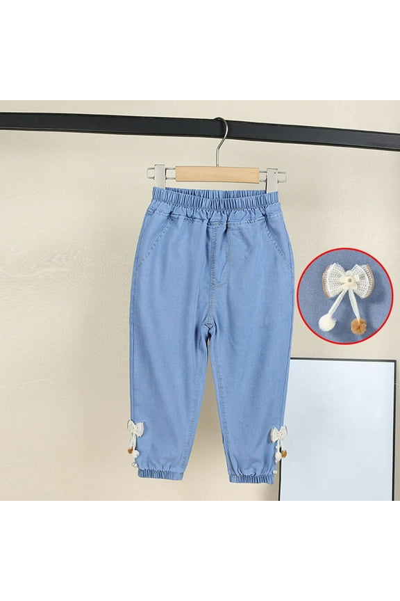 Denim School Uniform Pants Girls New Bow Jeans for Girls Cute Elastic Waist Pull on Denim Pants High Waisted Joggers Jeans Loose Trousers for School Uniform