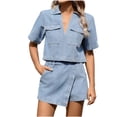 thumbnail image 1 of Denim Set for Women 2 Piece Going Out 2 Piece Womens Outfit Sets Button Down Shirts and Skirts Women's Solid Color Double Pocket Short Sleeved V-Neck Top Irregular Hem Short Skirt Set, 1 of 7