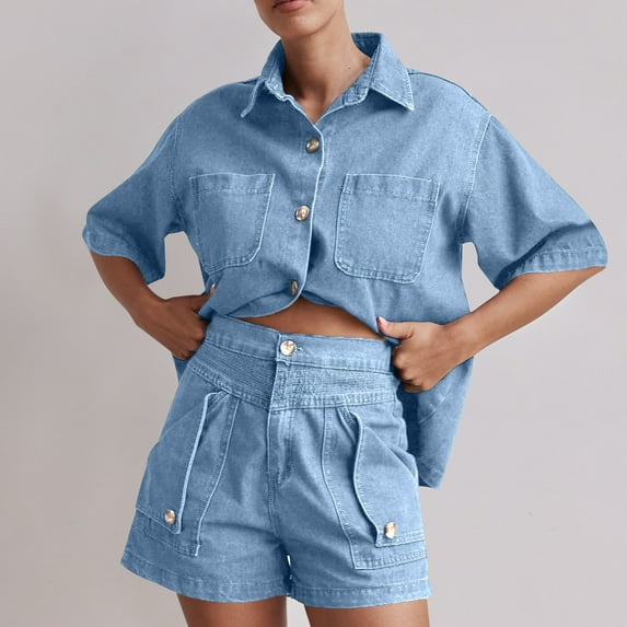 Denim Set for Women - Jean Short Sets for Women Casual Summer 2 Piece Outfits Pocket Lapel Neck Button Down Blouse Shirts Drawstring Elastic Waist Short Pants Matching Clothing