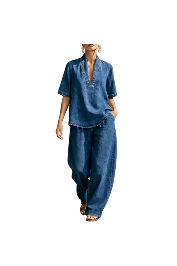 Denim Set for Women 2 Piece, V Neck Short Sleeve Blouse Tops Wide Leg Jean Pants with Pockets, Casual Fashion Outfit