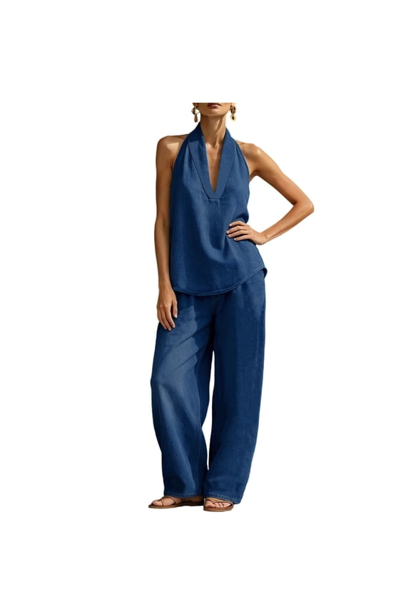 Denim Sets for Women 2 Piece Sleeveless V Neck Halter Top Matching Baggy Wide Leg Pants Set Summer Casual Outfits Blue XXXXXL(XXXXXL)