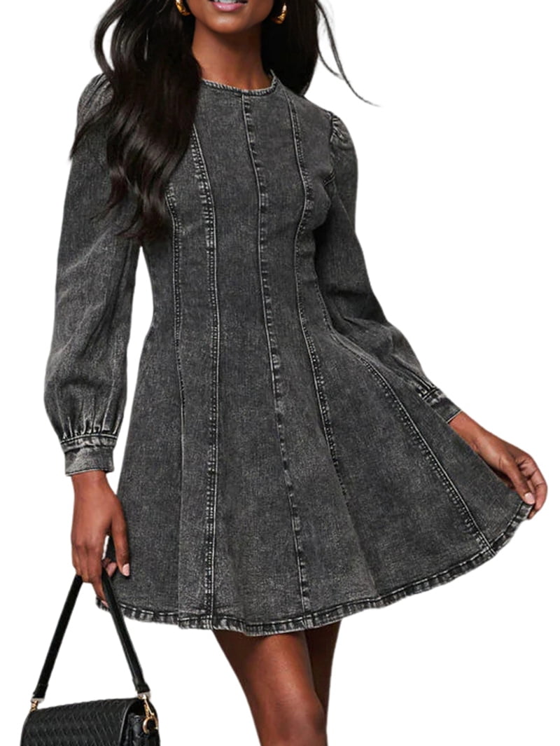Denim Shirt Dress for Women Long Sleeve Crew Neck Denim Dresses Fall Cute A  Line Mini Short Jean Dress Black L - Walmart.com