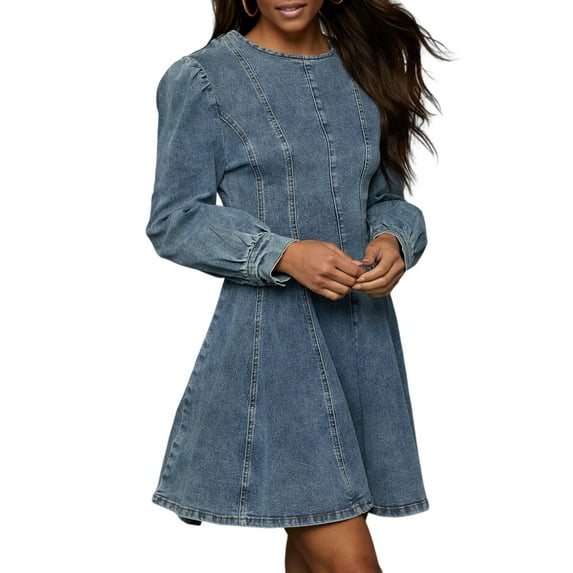Denim Shirt Dress for Women Long Sleeve Crew Neck Denim Dresses Fall Cute A Line Mini Short Jean Dress Denim Blue S