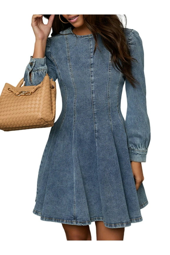 Denim Shirt Dress for Women Long Sleeve Crew Neck Denim Dresses Fall Cute A Line Mini Short Jean Dress Denim Blue XL