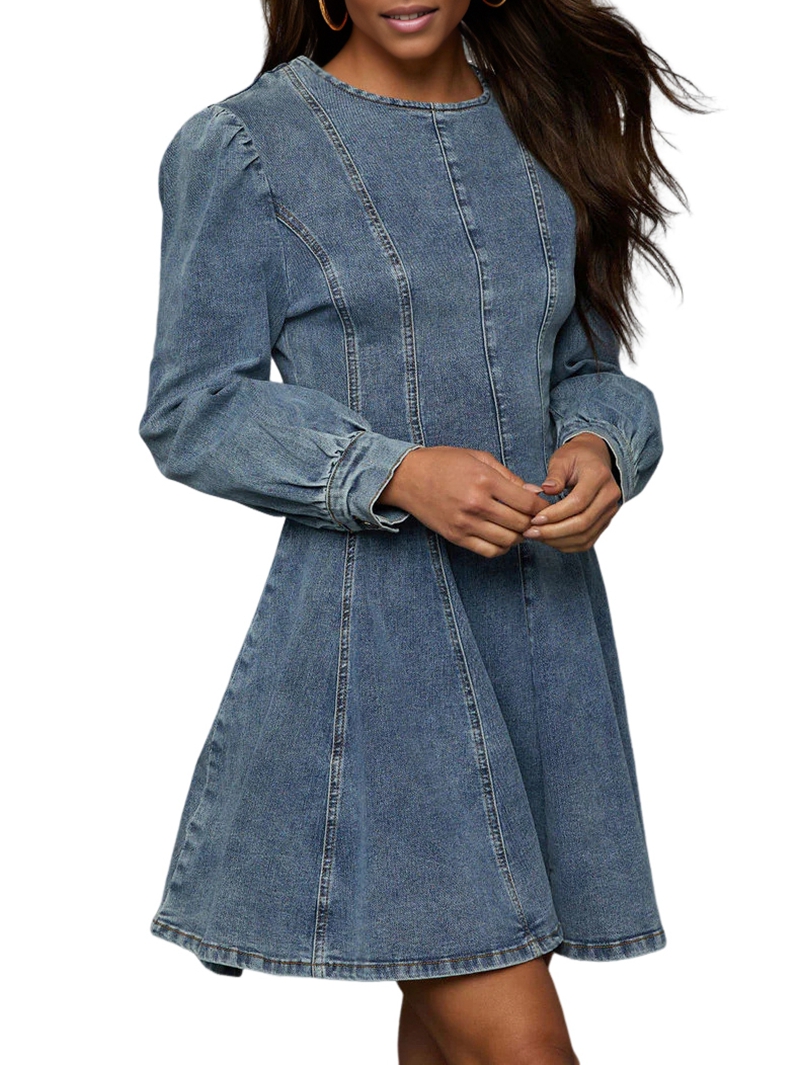 Denim Shirt Dress for Women Long Sleeve Crew Neck Denim Dresses Fall Cute A  Line Mini Short Jean Dress Denim Blue XL - Walmart.com