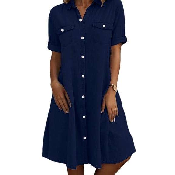 Denim Shirt Dress for Womens Short Sleeve Button Down Collared Dress Summer Business Casual Jean Dresses