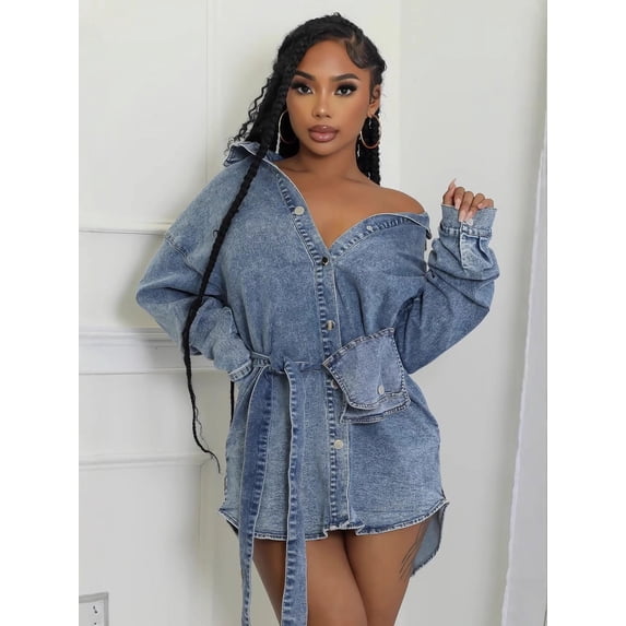 Denim Shirt Mini Dress (M, Blue)