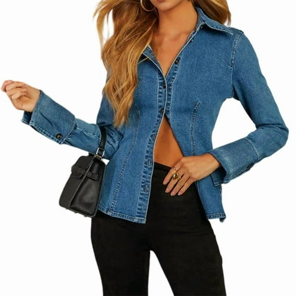 Denim Shirt Tops for Female Button Down Slim Fitted Long Sleeve V Neck Light-Weight Jean Jackets Denim Blue XL
