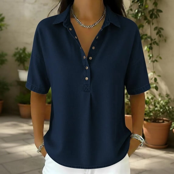 Denim Shirt Women Button Down Collared Short Sleeve Jean Shirt V Neck Tunic Denim Top Retro Dressy Casual Jean Blouse, S-3XL