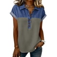 thumbnail image 1 of Denim Shirt Women Jean Patchwork Buttoned Collared Shirt Short Sleeve Summer Tops, 1 of 5