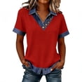 thumbnail image 1 of Denim Shirt Women Short Sleeve Denim Top, Collared V Neck Buttons Decor Dressy Casual Blouses Red M, 1 of 5