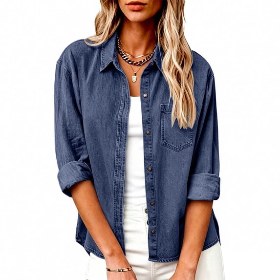 Denim Shirt Women Vintage Washed Solid Oversized Loose Button-Down Long Sleeve Casual Blouse Top with Single Pocket(Navy,M)