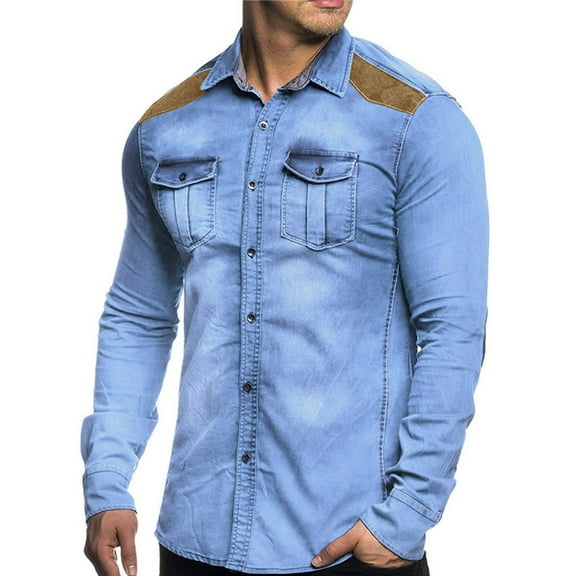 Denim Shirt for Men Classic Slim Fit Long Sleeve Button Down Work Shirts Casual Western Cowboy Jean Jackets Lapel Long-sleeved Men's Shirt