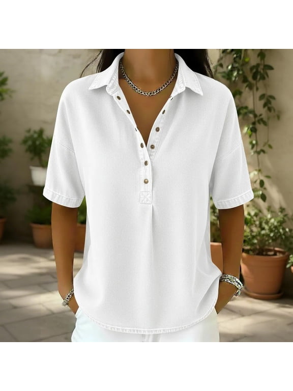 Denim Shirt for Women Short Sleeve Button Down Women Henley Neck Jean Jacket for Women Trendy